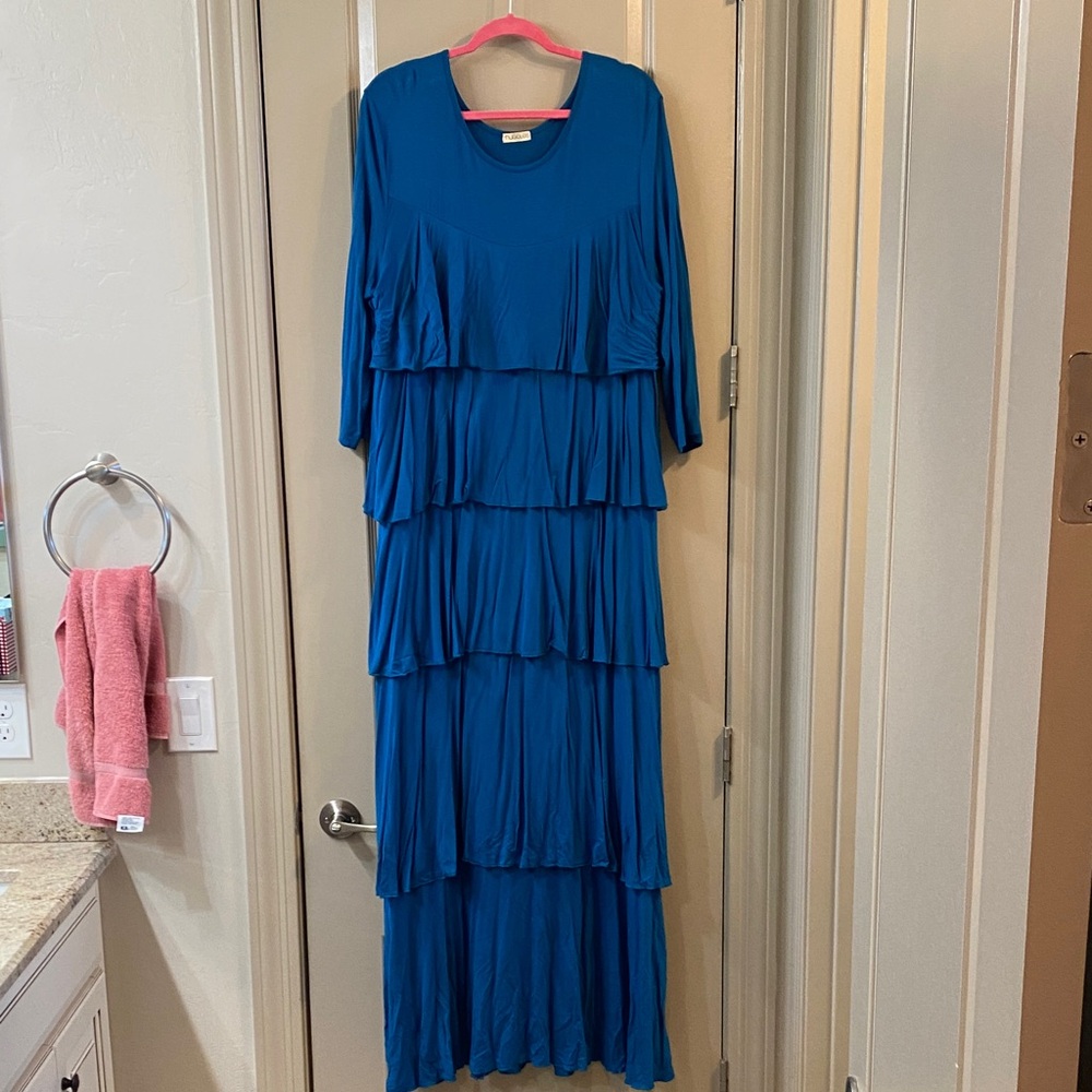 Tiered Maxi Dress in Teal Blue with Scoop Neck